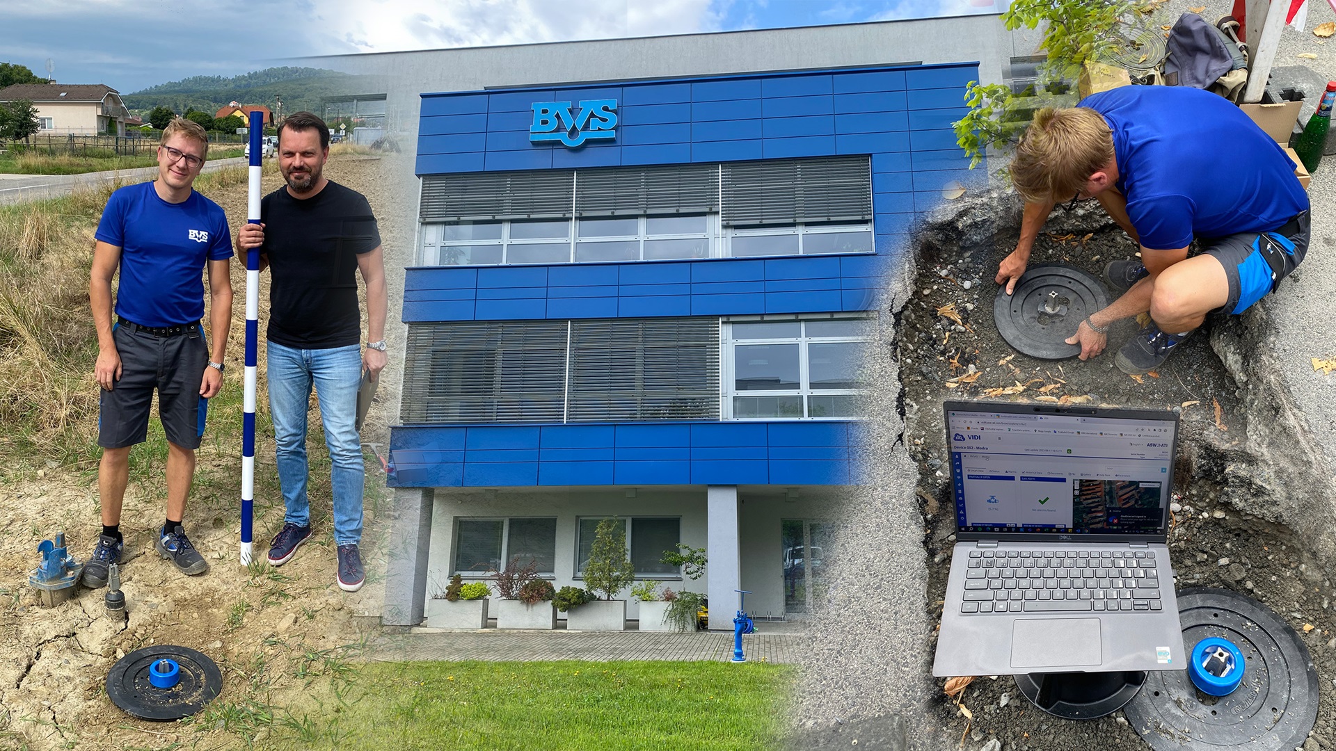 Three persons working on installing AVK smart water vidi positioner with the BVS building in the background
